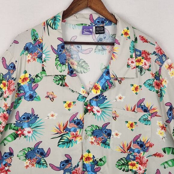 Disney Stitch Shirt Mens XXL Beige Floral Hawaiian Button Up Rayon Short Slv EUC - Picture 4 of 11